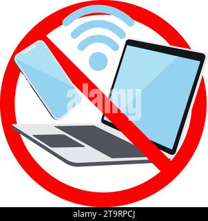 Verbotssymbol für Mobiltelefon, Laptop und wi-fi. Digitales Detox-Konzept. Rotes Symbol für unzulässiges Netzwerk. Unterzeichnen verbotene Mobilgeräte. Vektorillustrat Stock Vektor