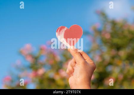 Die Hand einer Frau hält ein herzförmiges Stück Papier hoch. Oben in den Himmel am Valentinstag Stockfoto