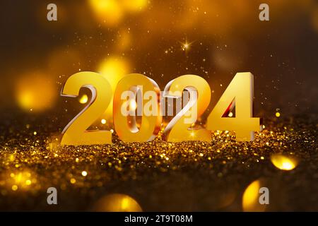 Neujahr 2024 auf goldenem glitzerndem Hintergrund. Schwarzes 3D-Rendering im luxuriösen Hintergrund. Stockfoto