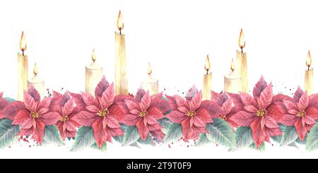 Aquarellmalerei mit nahtlosem Rand, Muster aus roten Weihnachtsstern und Blättern mit flammenden Kerzen, Spritzern. Illustration für Weihnachten, Neujahr Stockfoto