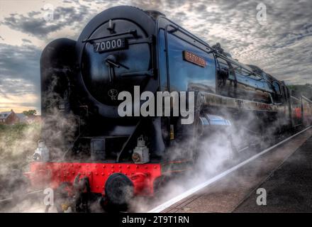 Britannia an der Bishop's Lydeard Station an der West Somerset Railway. Stockfoto