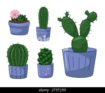 Vektor Hand gezogene isolierte Kakteen und Sukkulenten Set. Süßer grüner Kakteen in Blumentöpfen. Stock Vektor