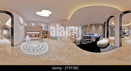 360 GRAD WOHNZIMMER, 3D-RENDERING Stockfoto