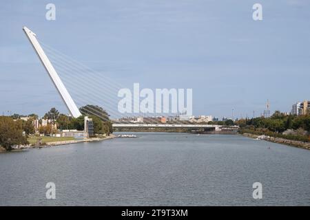 Die Alamillo-Brücke über den Guadalquivir-Fluss in Sevilla, Andalusien, Spanien. Stockfoto