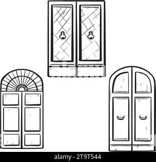 Einstellen. Handgezeichneter Tintenvektor. Italienische Holztür mit eleganten schmiedeeisernen Griffen. Glas an der Fassade. Geschlossener Eintrag. Doppelte Eichentüren. Für Logos Stock Vektor