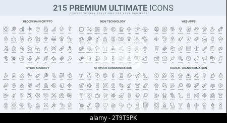 Digitale Datenumwandlung, neue Technologie und Technik, Blockchain dünne schwarze Linien setzen Vektorillustration. Umrisssymbole für dezentrale inf Stock Vektor