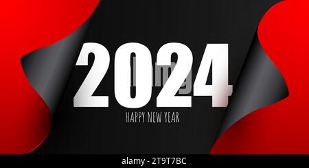 Happy New Year 2024 Grußkarte Design Vorlage. Kalenderseite wird umgeschaltet. Vektorabbildung Stock Vektor