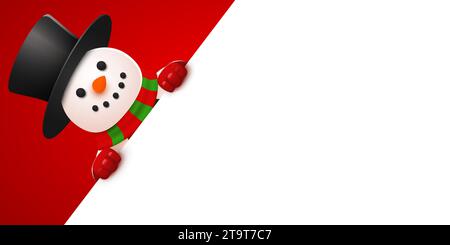 Glücklicher, lächelnder Schneemann, der hinter einem leeren Schild steht. Weihnachts- und Neujahrsbanner. Vektorabbildung. Stock Vektor
