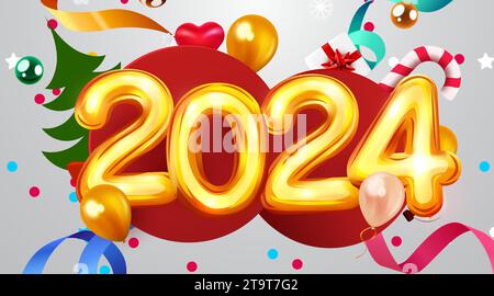 Happy New 2024 Year. Feiertagsballon Zahlen 2024 mit Konfetti. Festliches Poster- oder Bannerdesign. Vektorabbildung Stock Vektor