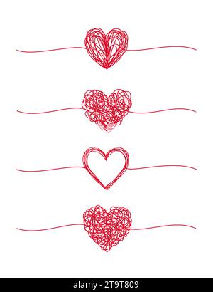 Set aus vier verworrenen grungy Heart Scribbles handgezeichnet mit dünner Linie, Teilerform. Isoliert auf weißem Hintergrund. Vektorabbildung Stock Vektor