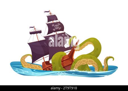 Tentakel des Tintenfisches versenken Piratenschiff in Ozean- oder Meereswellen-Vektor-Illustration. Cartoon isolierte Fantasy-Schiffswrack-Szene mit Kraken oder gefährlichem gian Stock Vektor