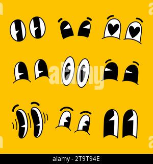 Retro-Cartoon-lustige Augen. Groovige Vintage 30er 60er 70er Jahre Augen mit verschiedenen Emotionen ideal für Charakterdesign, Animation, Aufkleber, Vektorillustration Stock Vektor