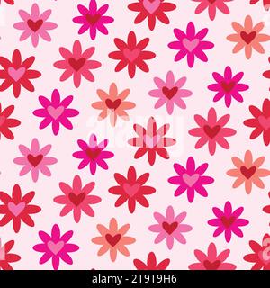 Niedliches nahtloses Muster mit Herzen in Rot, Rosa, Fuchsia und Korallen auf weißem Hintergrund. Für Valentinstag Hintergründe, fabri Stockfoto