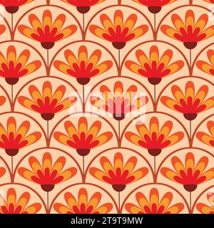 Abstrakte Retro-Vintage-Blumen auf geometrischen Skalen nahtloses Muster in Orange, Bernstein und Rot auf hellem cremefarbenen Hintergrund. Für Stoff, Tapeten und Text Stockfoto