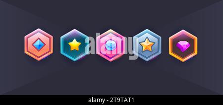 Vektorsatz mit dem Star-Symbol der Spiele. Militärschildabzeichen, Spielrangliste. Vektorspielsymbole, revard-Zeichen, Sterne, Chevron für Mobilgeräte oder Web Stock Vektor