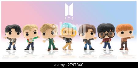 BTS Musical Group. Vinylfiguren. Funko Dolls, Pop Rocks Miniaturkollektion. Jung Kook, Jimin, V, RM, Suga, J-Hope und Jin. Stockfoto