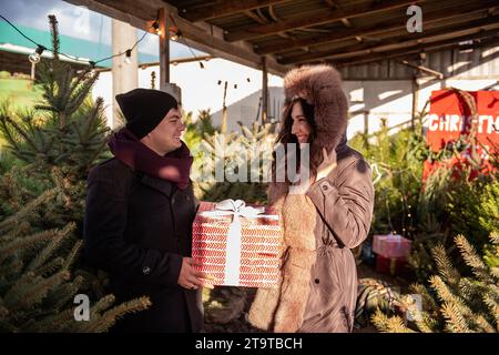 Porträt des jungen Mannes gibt große rote Box der schönen Frau unter grünem Weihnachtsbaummarkt. Das lockige Mädchen lächelt glücklich, überrascht vom Geschenk. Boxin Stockfoto