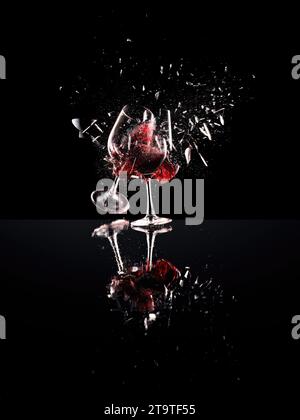 Schöne Bilder vom Gießen von Wein, zerbrochenem Weinglas und vom Aufhören des Trinkens Stockfoto