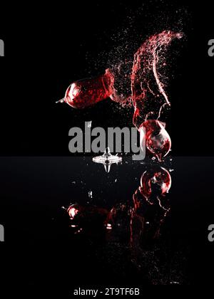 Schöne Bilder vom Gießen von Wein, zerbrochenem Weinglas und vom Aufhören des Trinkens Stockfoto