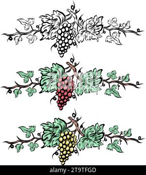 Rebsortenelemente. Vintage handgezeichnet Wein Dekorationen Borte, florale Trauben. Vektorabbildung Stock Vektor