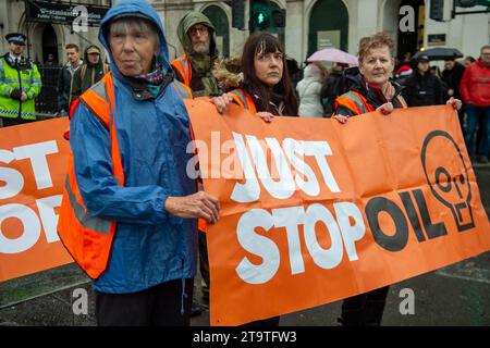 London, Großbritannien. November 2023. Just Stop Oil Demonstranten protestierten heute wieder in London. Sie begannen ihren Protest am Trafalgar Square und hielten dann vor der Downing Street an. Als sie versuchten, auf der Straße gegenüber dem Unterhaus zu sitzen, wurden sie schnell von der Met Police verhaftet und mit Handschellen gefesselt. Alle fünf Demonstranten wurden in Polizeiwagen mitgenommen. Die Höchststrafe für die vorsätzliche Blockierung einer Autobahn in England und Wales beträgt 51 Wochen Haft. Straftäter können ebenfalls mit Geldstrafen belegt werden. Quelle: Maureen McLean/Alamy Live News Stockfoto