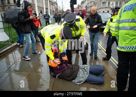 London, Großbritannien. November 2023. Just Stop Oil Demonstranten protestierten heute wieder in London. Sie begannen ihren Protest am Trafalgar Square und hielten dann vor der Downing Street an. Als sie versuchten, auf der Straße gegenüber dem Unterhaus zu sitzen, wurden sie schnell von der Met Police verhaftet und mit Handschellen gefesselt. Alle fünf Demonstranten wurden in Polizeiwagen mitgenommen. Die Höchststrafe für die vorsätzliche Blockierung einer Autobahn in England und Wales beträgt 51 Wochen Haft. Straftäter können ebenfalls mit Geldstrafen belegt werden. Quelle: Maureen McLean/Alamy Live News Stockfoto