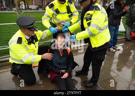 London, Großbritannien. November 2023. Just Stop Oil Demonstranten protestierten heute wieder in London. Sie begannen ihren Protest am Trafalgar Square und hielten dann vor der Downing Street an. Als sie versuchten, auf der Straße gegenüber dem Unterhaus zu sitzen, wurden sie schnell von der Met Police verhaftet und mit Handschellen gefesselt. Alle fünf Demonstranten wurden in Polizeiwagen mitgenommen. Die Höchststrafe für die vorsätzliche Blockierung einer Autobahn in England und Wales beträgt 51 Wochen Haft. Straftäter können ebenfalls mit Geldstrafen belegt werden. Quelle: Maureen McLean/Alamy Live News Stockfoto