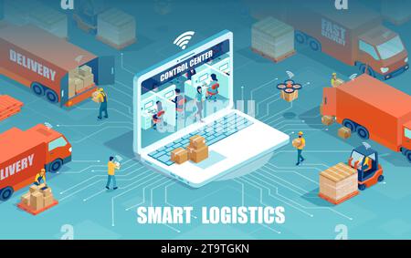 Isometrischer Vektor eines Logistikzentrums mit Arbeitern, die Produkte auf die Lkws laden, und Logistikern, die Einkauf, Transport, Stock Vektor
