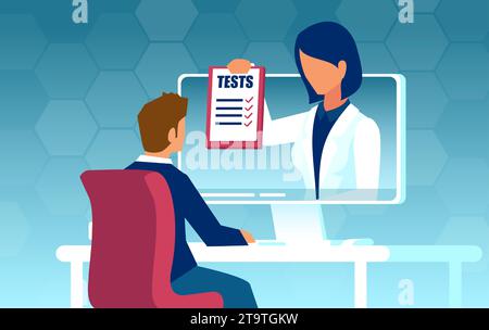 Online-ärztliche Beratung und Labortestbericht. Vektor eines Arztes, der einen Patienten auf Web-Krankenhausplattform berät Stock Vektor