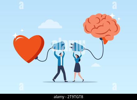 Emotionale Intelligenz und Gefühlskontrolle. Vektor eines Mannes und einer Frau verbinden das Herz mit dem Gehirn. Stock Vektor