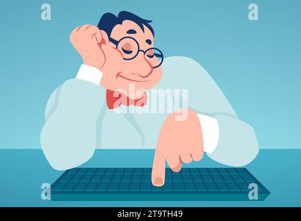 Junger molliger Mann, der am Arbeitsplatz sitzt und sich verzögert, faul und abgelenkt zu sein. Stock Vektor