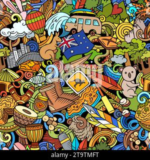 Cartoon kritzelt Australien nahtlose Muster. Vor dem Hintergrund australischer Kultursymbole und -Gegenstände. Farbenfroher Hintergrund für den Druck auf Stoff, Textil, gree Stock Vektor