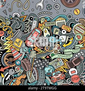 Cartoon niedlichen Kritzeleien Fahrzeug Frame-Karte. Bunt detailliert, mit vielen Objekten Hintergrund. Alle Objekte getrennt. Grenze mit Autos Symbole und Gegenstände Stock Vektor