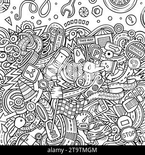 Cartoon niedlichen Kritzeleien Fahrzeug Frame-Karte. Line Art detailliert, mit vielen Objekten Hintergrund. Alle Objekte getrennt. Grenze mit Autos Symbole und Gegenstände Stock Vektor