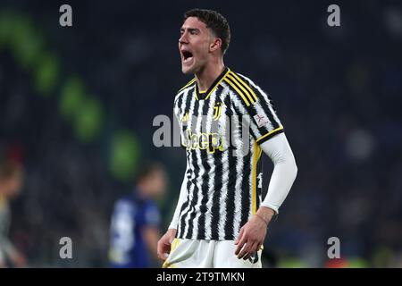 Turin, Italien. November 2023. Dusan Vlahovic von Juventus FC schreit während des Spiels der Serie A zwischen Juventus FC und FC Internazionale im Allianz Stadium am 26. November 2023 in Turin. Quelle: Marco Canoniero/Alamy Live News Stockfoto
