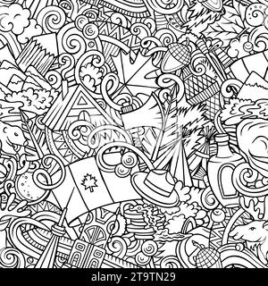 Skizzenhaftes Comic-Doodle-Muster mit einer Vielzahl von kanadischen Objekten und Symbolen, einschließlich Ahornblatt, Biber, Elch, Hockeyschläger, und Schnee. P Stock Vektor