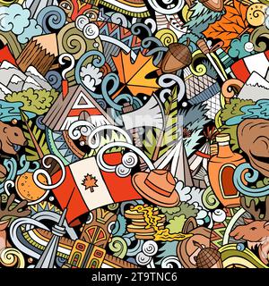 Buntes, nahtloses Muster aus Comic-Kritzeln mit einer Vielzahl kanadischer Objekte und Symbole, darunter Ahornblatt, Biber, Elch, Hockeystock, und Schnee. Stock Vektor