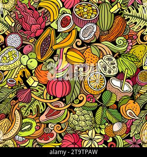Comic-Vektor-Kritzeleien zum Thema exotische Früchte nahtloses Muster zeigt eine Vielzahl tropischer fruchtiger Objekte und Symbole. Skurril verspielt c Stock Vektor