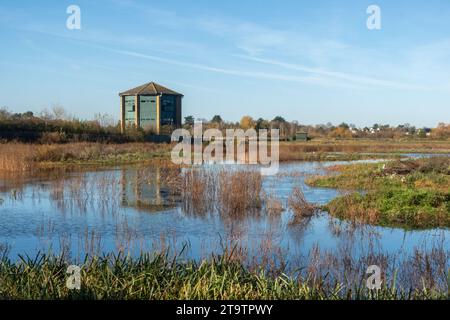 Blick auf das WWT London Wetland Centre mit dem Peacock Tower Vogelhäuschen und Seen, Barnes, London, England, Großbritannien Stockfoto