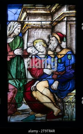 Buntglasfenster mit Ruth und Boaz (ca. 1549–1557) im Isabella Stewart Gardner Museum in Boston Stockfoto