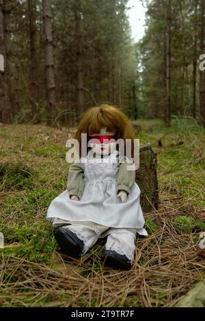 Gruselige Puppe mit roter Schleife, im Wald verlassen. Thriller, Horror. Stockfoto