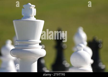 Eine Nahaufnahme des Königs in einem großen Schachspiel. Stockfoto