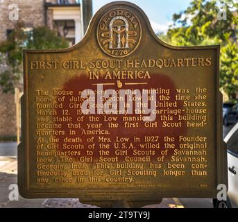 Erste Pfadfinderzentrale in Amerika, Plakette in Savannah, Georgia Stockfoto
