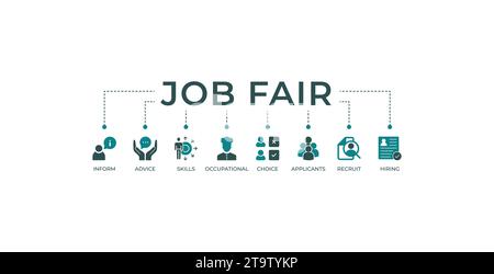 Jobmesse Banner Web-Symbol-Vektor-Illustration Konzept für Personalbeschaffung und Onboarding-Programm mit einem Symbol für Informationen, Ratschläge und Fähigkeiten. Stock Vektor