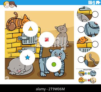 Cartoon Illustration des lehrreichen Match the Pieces Puzzlespiel mit Comic Katzen Tierfiguren Stock Vektor