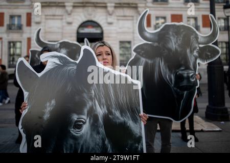 Madrid, Spanien. November 2023. Ein Anti-Stierkampf-Aktivist trägt während eines Protestes vor dem Präsidentengebäude der Gemeinschaft Madrid einen Pappstierkopf. Aktivisten des Internationalen Anti-Stierkampf-Netzwerks mit riesigen Stier- und Pferdeköpfen führen im Zentrum von Madrid eine Protestaktion für die Abschaffung des Stierkampfes durch. Quelle: SOPA Images Limited/Alamy Live News Stockfoto