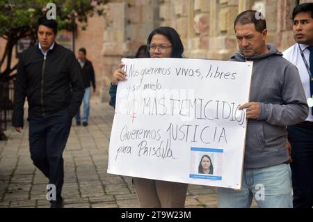 CUENCA-PLANTON-JUSTICIA PARA PRISCILA Cuenca, Ecuador 27 de noviembre de 2023 EN la manana de hoy familiares y amigos de quien en vida fue Tania Priscila Calle de 32 anos quien fuera asesinada por golpes de martillo en la cabeza por Luis Rafael I, habria asesinado a su cunada. El hecho fue descubierto el 2 de junio del 2022, embalada y semienterrada entre la vegetacion de Molinopamba, a 14 kilometros del este de Cuenca, luego de tres dias de desaparicion de la victima. El planton se realizo en las afueras de la Corte Provincial de Justicia en el Centro de Cuenca. foto Boris Romoleroux/API. CLJ Stockfoto