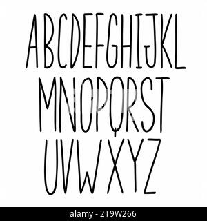 Scribble schmale schwarze englische Schriftkollektion A bis Z Alphabet latin abc. Vektor-Illustration in Doodle Hand geschriebenen Stil isoliert auf weißem Hintergrund Stock Vektor
