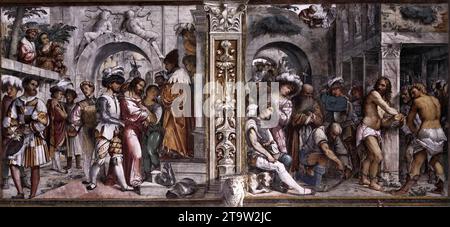 Christus vor Pilatus und Geißelung Christi 1519 durch Girolamo Romanino Stockfoto