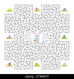 Vektorabbildung. Osterlabyrinth. Der Hase sammelt Ostereier und sucht einen Weg aus dem Labyrinth. Spiel für Kinder. Stock Vektor